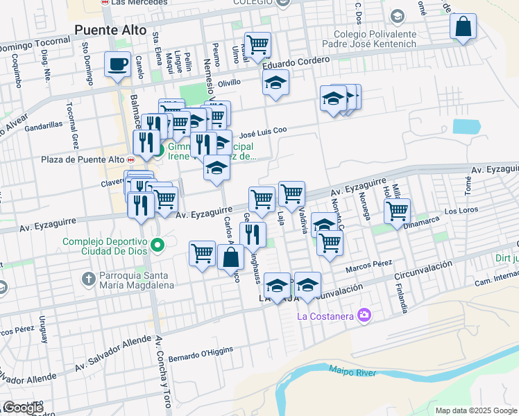 map of restaurants, bars, coffee shops, grocery stores, and more near 13 Calle Central in Puente Alto
