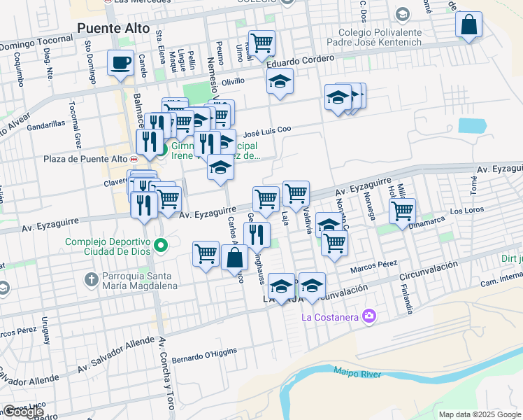 map of restaurants, bars, coffee shops, grocery stores, and more near 13 Calle Central in Puente Alto