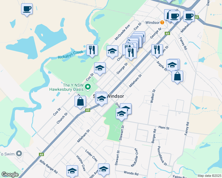 map of restaurants, bars, coffee shops, grocery stores, and more near 299 Macquarie Street in South Windsor