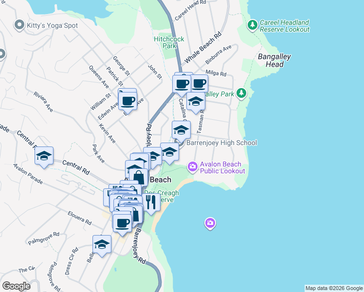 map of restaurants, bars, coffee shops, grocery stores, and more near Coonanga Road in Avalon Beach