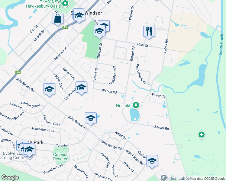 map of restaurants, bars, coffee shops, grocery stores, and more near 1 Adam Close in South Windsor