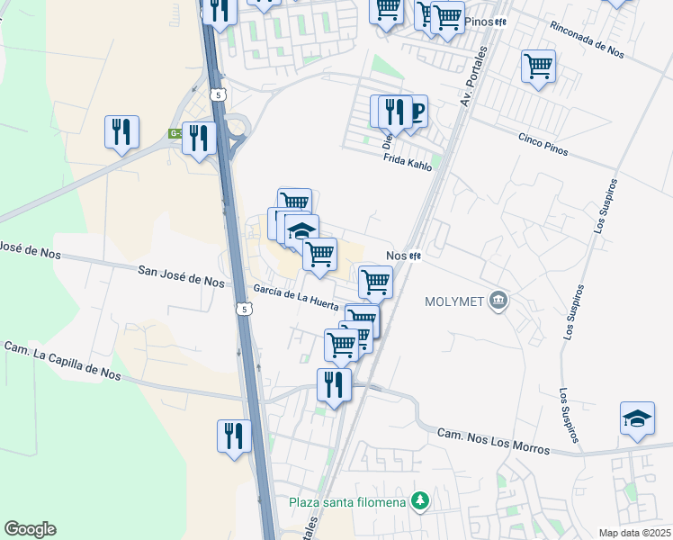 map of restaurants, bars, coffee shops, grocery stores, and more near 22040 Avenida Presidente Jorge Alessandri Rodríguez in San Bernardo