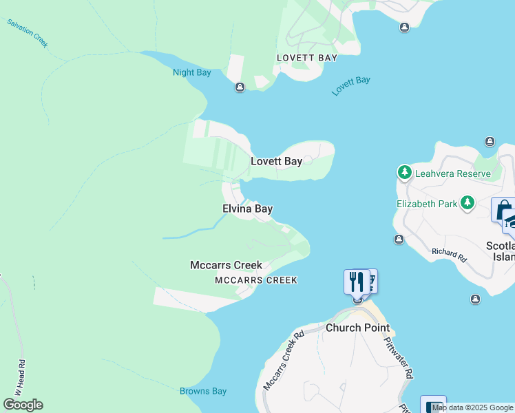 map of restaurants, bars, coffee shops, grocery stores, and more near in Elvina Bay