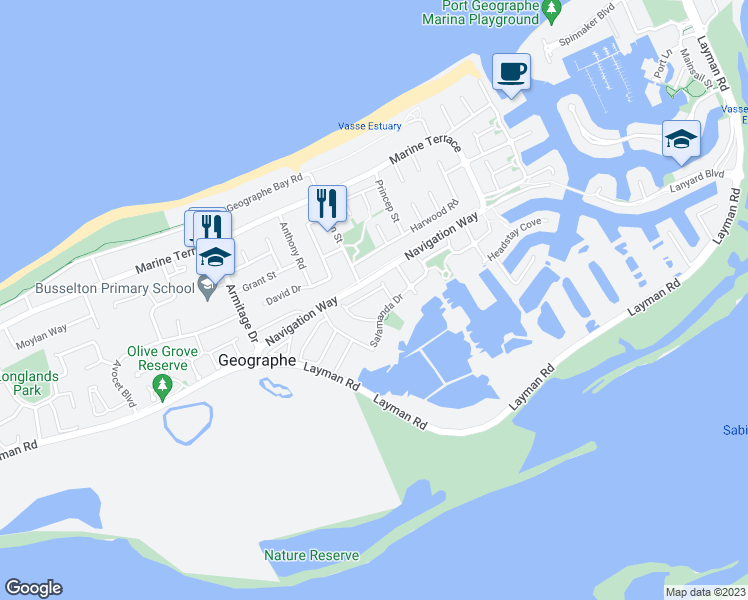 map of restaurants, bars, coffee shops, grocery stores, and more near 7 Seahorse Crescent in Geographe