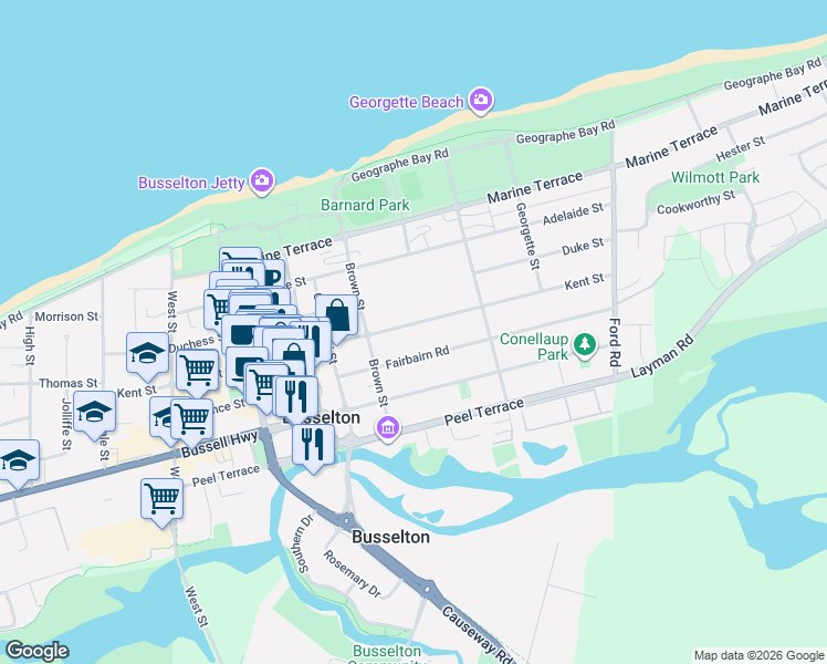 map of restaurants, bars, coffee shops, grocery stores, and more near 114 Kent Street in Busselton
