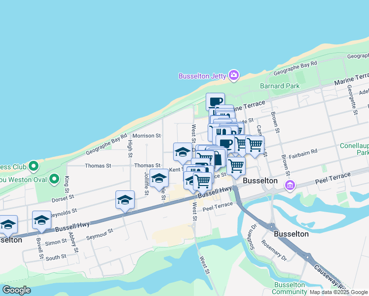 map of restaurants, bars, coffee shops, grocery stores, and more near 17 Duchess Street in West Busselton