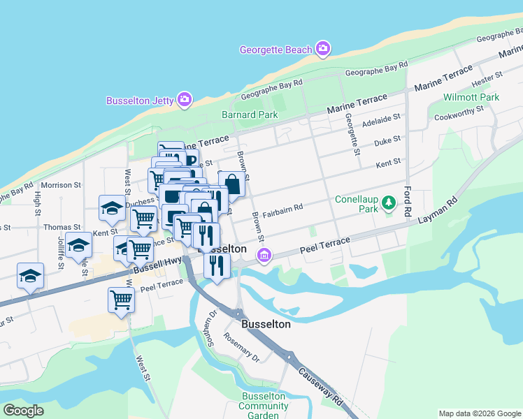 map of restaurants, bars, coffee shops, grocery stores, and more near 17 Fairbairn Road in Busselton