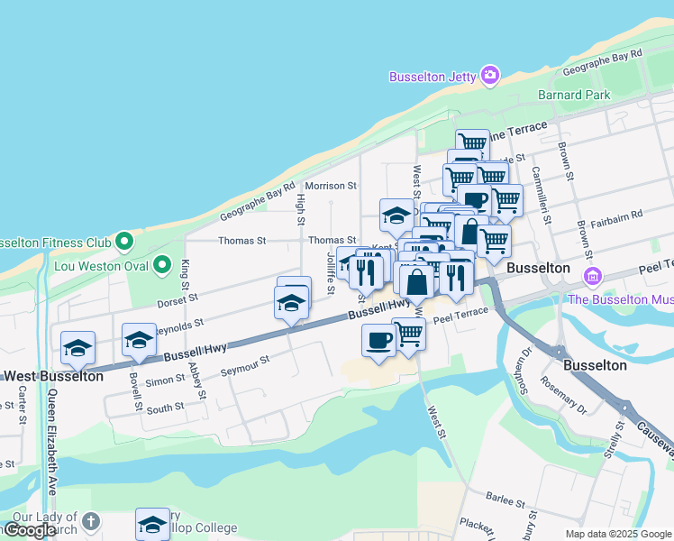 map of restaurants, bars, coffee shops, grocery stores, and more near 13 Jolliffe Street in West Busselton