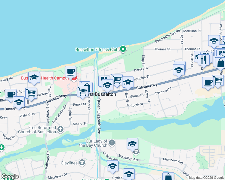 map of restaurants, bars, coffee shops, grocery stores, and more near 137 Bussell Highway in West Busselton