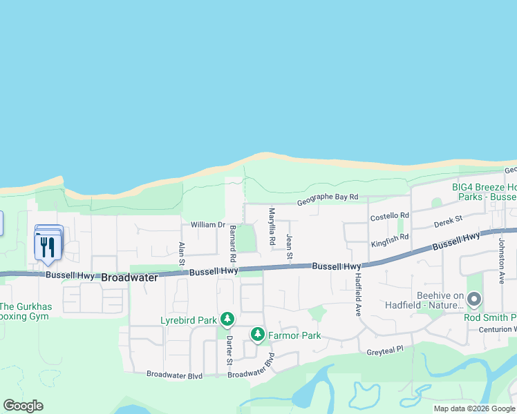 map of restaurants, bars, coffee shops, grocery stores, and more near 626 Geographe Bay Road in Broadwater