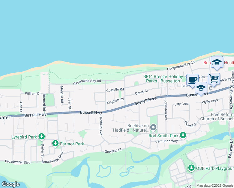 map of restaurants, bars, coffee shops, grocery stores, and more near 6 Coates Street in Broadwater
