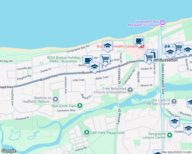 map of restaurants, bars, coffee shops, grocery stores, and more near 43 Wylie Crescent in West Busselton