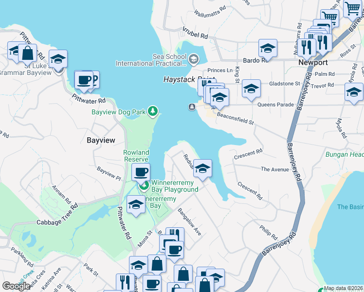 map of restaurants, bars, coffee shops, grocery stores, and more near 2A Rednal Street in Mona Vale
