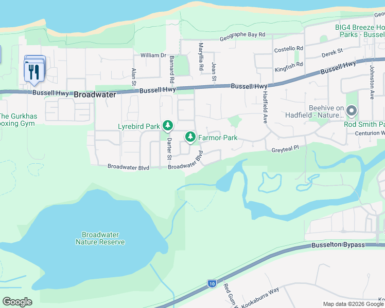 map of restaurants, bars, coffee shops, grocery stores, and more near 16 Parrot Way in Broadwater
