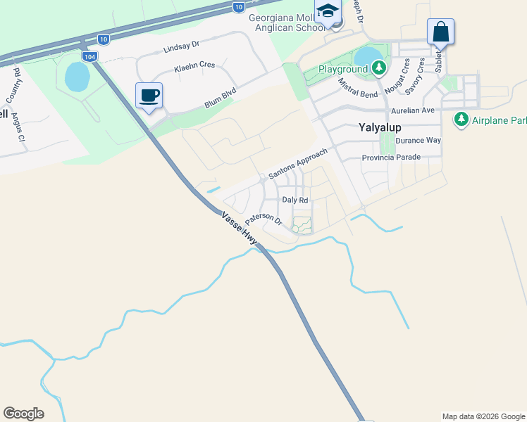 map of restaurants, bars, coffee shops, grocery stores, and more near 5 Paterson Drive in Yalyalup