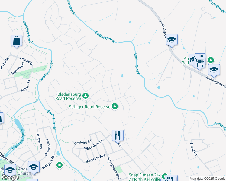 map of restaurants, bars, coffee shops, grocery stores, and more near Sarabah Street in Kellyville