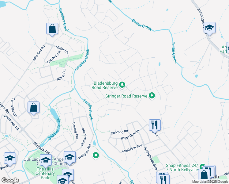 map of restaurants, bars, coffee shops, grocery stores, and more near 13 Watheroo Street in Kellyville