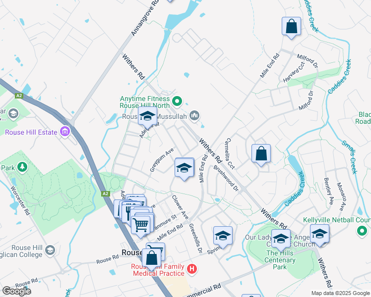 map of restaurants, bars, coffee shops, grocery stores, and more near 4 Yellowgum Avenue in Rouse Hill