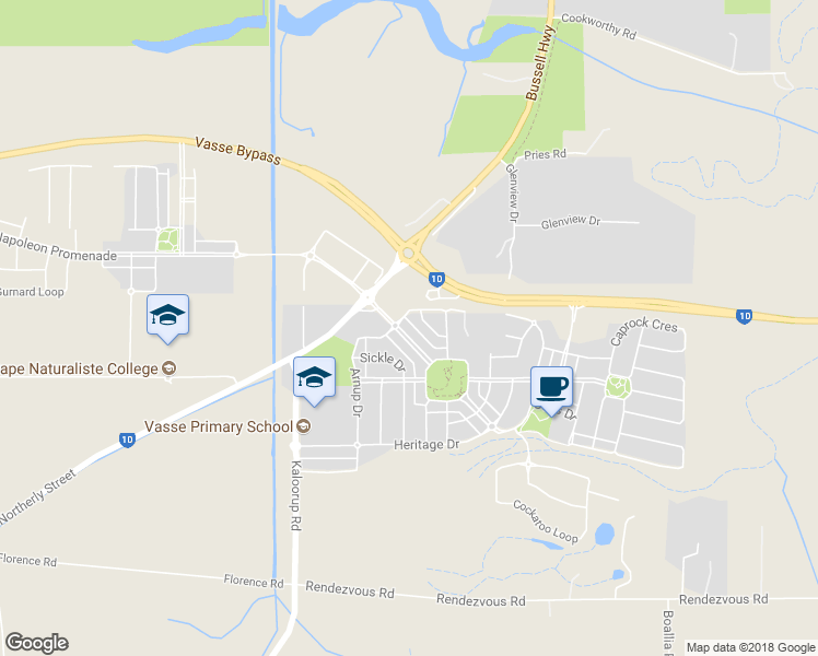 map of restaurants, bars, coffee shops, grocery stores, and more near 13 Orlando Boulevard in Vasse