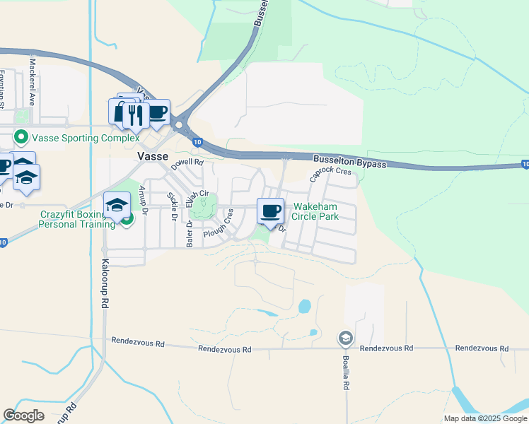 map of restaurants, bars, coffee shops, grocery stores, and more near 22 Parksview Boulevard in Vasse