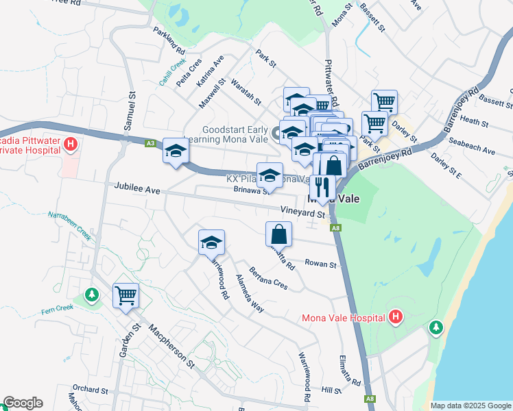 map of restaurants, bars, coffee shops, grocery stores, and more near Vineyard Street in Northern Beaches Council
