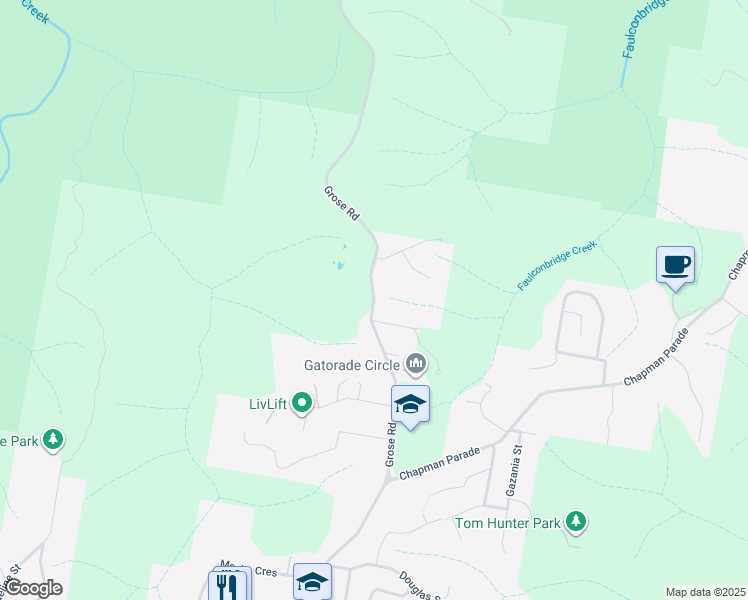 map of restaurants, bars, coffee shops, grocery stores, and more near Grose Road in Faulconbridge