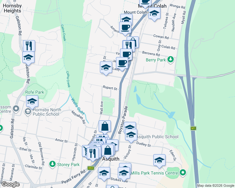map of restaurants, bars, coffee shops, grocery stores, and more near 487 Pacific Highway in Asquith
