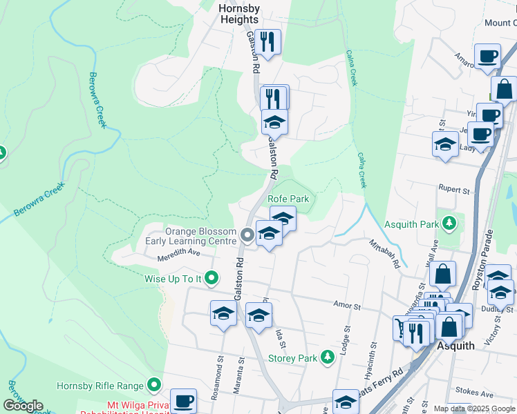 map of restaurants, bars, coffee shops, grocery stores, and more near 100 Galston Road in Hornsby Heights