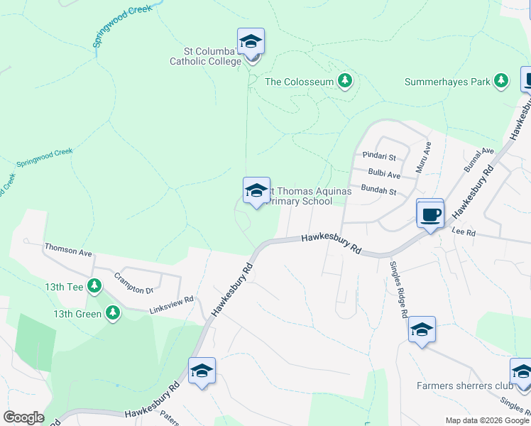 map of restaurants, bars, coffee shops, grocery stores, and more near 168 Hawkesbury Road in Springwood