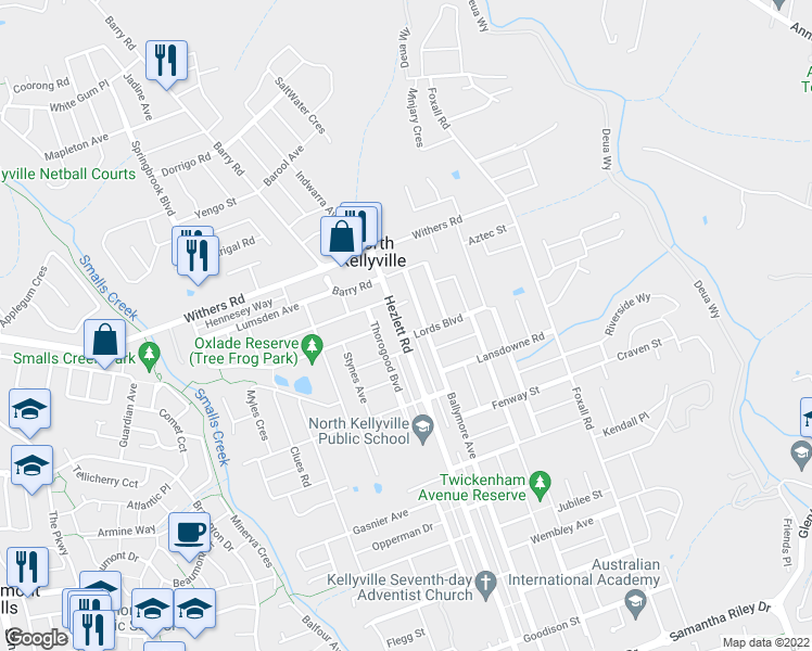 map of restaurants, bars, coffee shops, grocery stores, and more near 227 Hezlett Road in Kellyville
