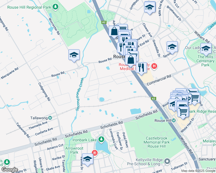 map of restaurants, bars, coffee shops, grocery stores, and more near 41 Terry Road in Rouse Hill