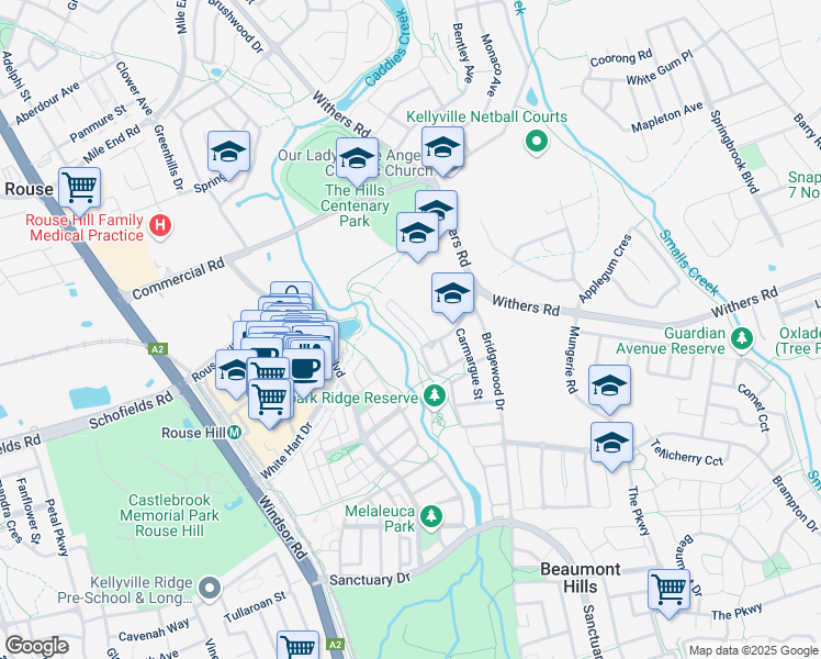 map of restaurants, bars, coffee shops, grocery stores, and more near Caballo Street in Rouse Hill