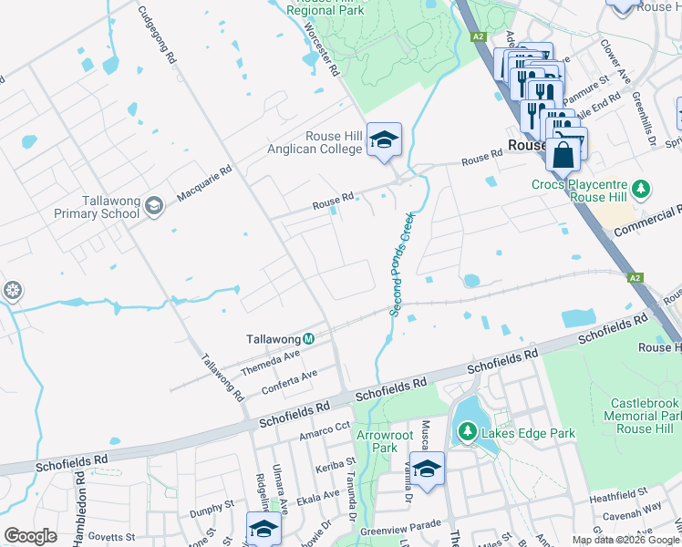 map of restaurants, bars, coffee shops, grocery stores, and more near 56 Cudgegong Road in Rouse Hill