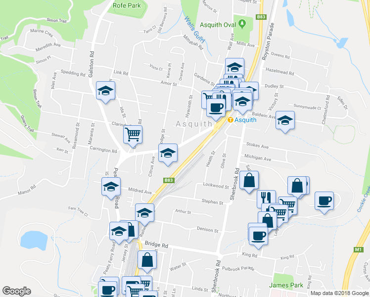 map of restaurants, bars, coffee shops, grocery stores, and more near 444 Pacific Highway in Asquith