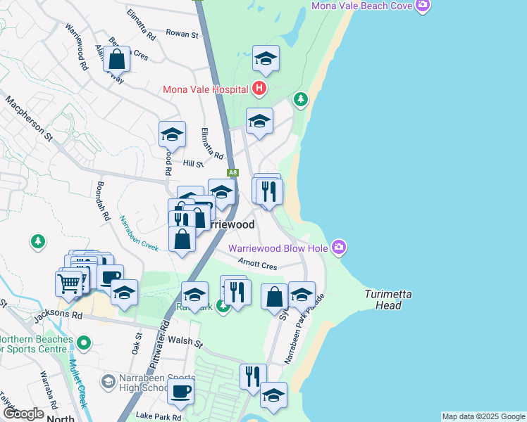 map of restaurants, bars, coffee shops, grocery stores, and more near 2 Hunter Street in Warriewood