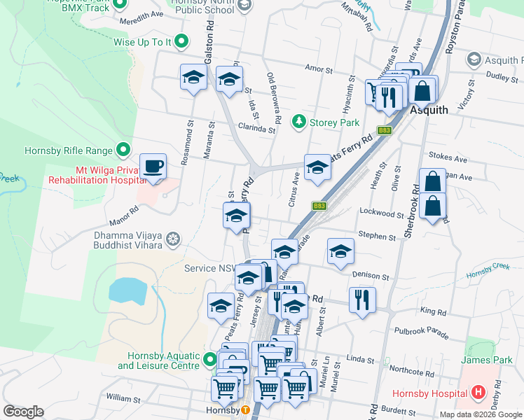 map of restaurants, bars, coffee shops, grocery stores, and more near 5 Mildred Avenue in Hornsby