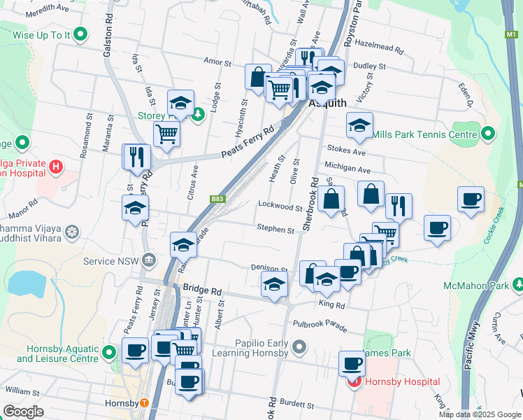 map of restaurants, bars, coffee shops, grocery stores, and more near 7-11 Lessing Street in Hornsby