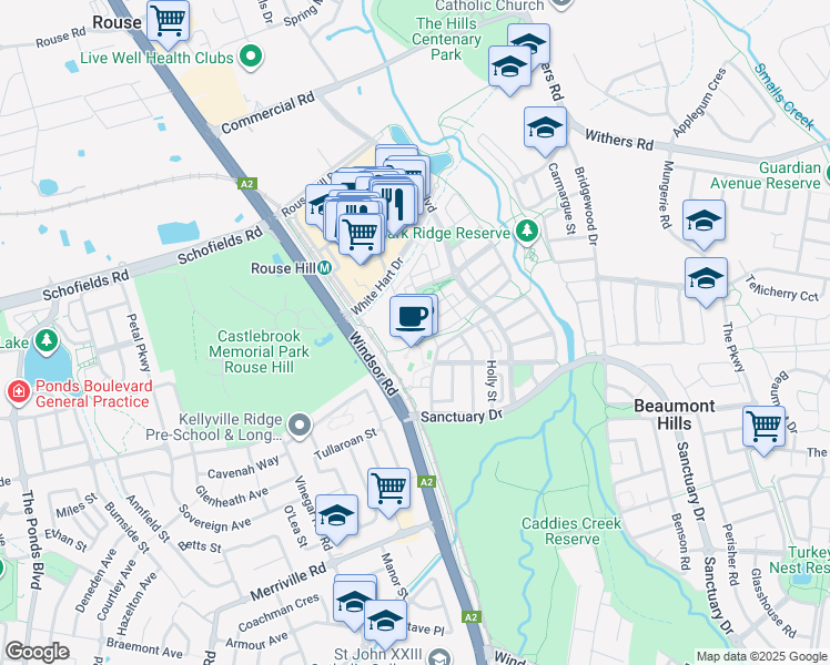 map of restaurants, bars, coffee shops, grocery stores, and more near 9 Civic Way in Rouse Hill