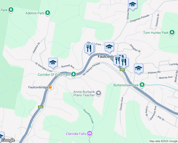 map of restaurants, bars, coffee shops, grocery stores, and more near 7 Sir Henrys Parade in Faulconbridge