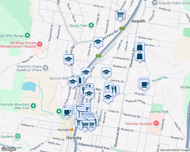 map of restaurants, bars, coffee shops, grocery stores, and more near 3B Denison Street in Hornsby