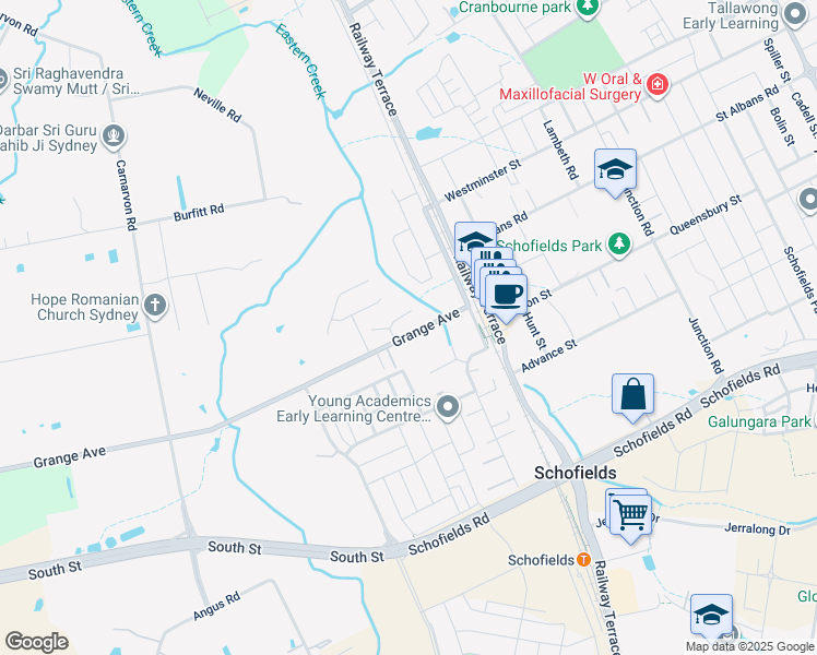 map of restaurants, bars, coffee shops, grocery stores, and more near 32 Grange Avenue in Schofields