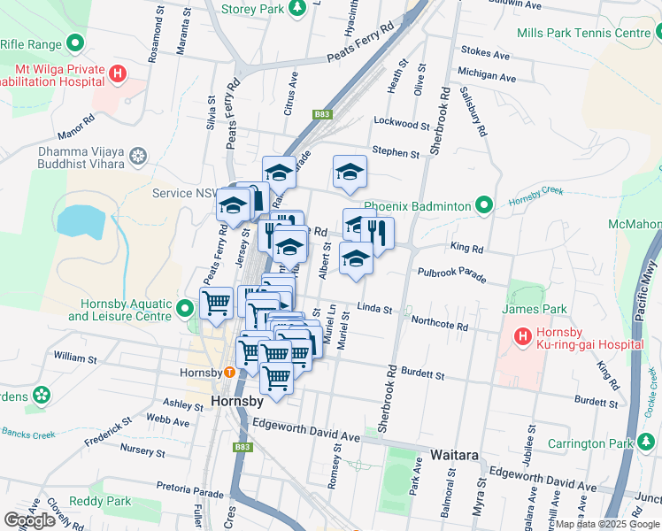 map of restaurants, bars, coffee shops, grocery stores, and more near 60 Albert Street in Hornsby