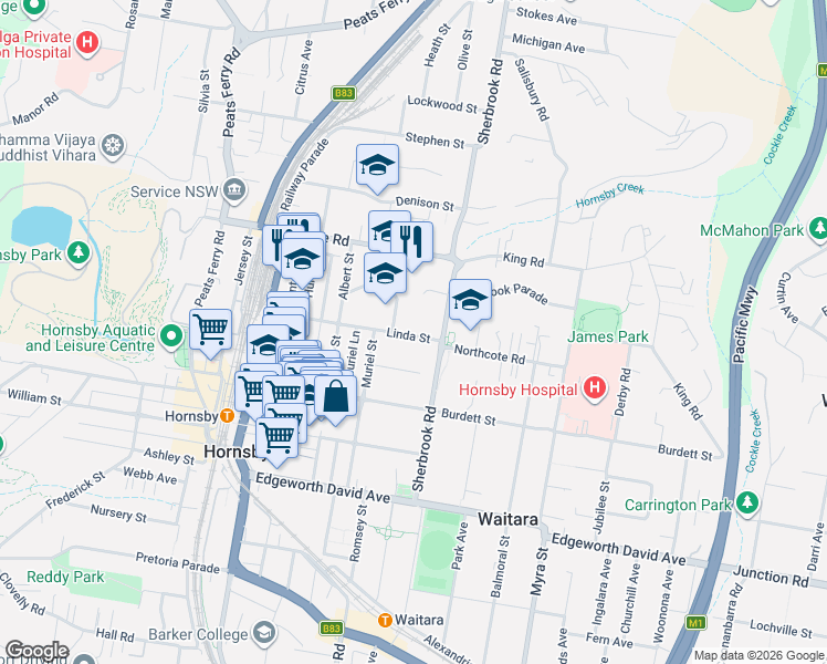 map of restaurants, bars, coffee shops, grocery stores, and more near 27 Linda Street in Hornsby