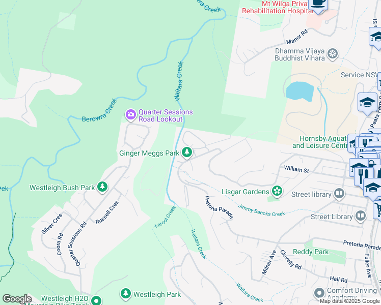 map of restaurants, bars, coffee shops, grocery stores, and more near 24 Valley Road in Hornsby