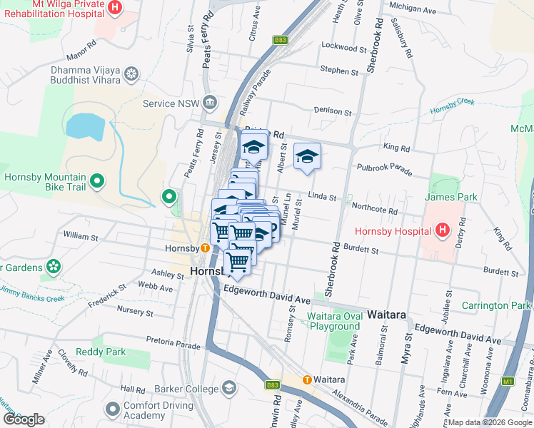 map of restaurants, bars, coffee shops, grocery stores, and more near 45 Albert Street in Hornsby