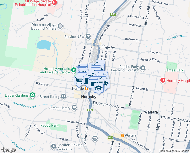 map of restaurants, bars, coffee shops, grocery stores, and more near 86 George Street in Hornsby