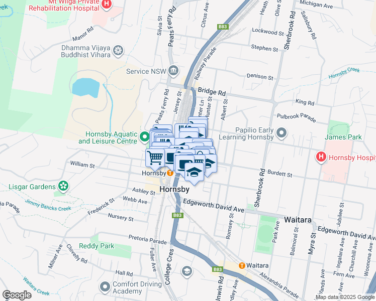 map of restaurants, bars, coffee shops, grocery stores, and more near 86 George Street in Hornsby