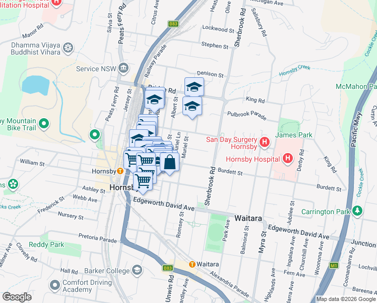 map of restaurants, bars, coffee shops, grocery stores, and more near 18 Muriel Street in Hornsby