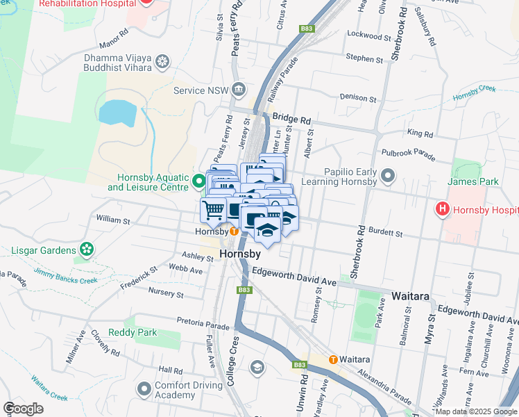 map of restaurants, bars, coffee shops, grocery stores, and more near 1C Burdett Street in Hornsby