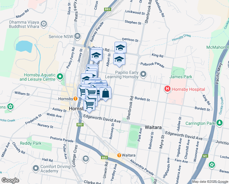 map of restaurants, bars, coffee shops, grocery stores, and more near 19 Burdett Street in Hornsby